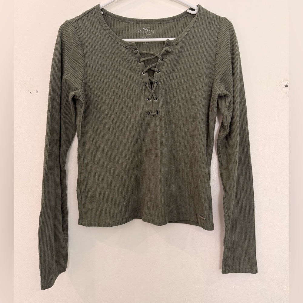 Hollister Sage Green Lace-Up Ribbed Blouse